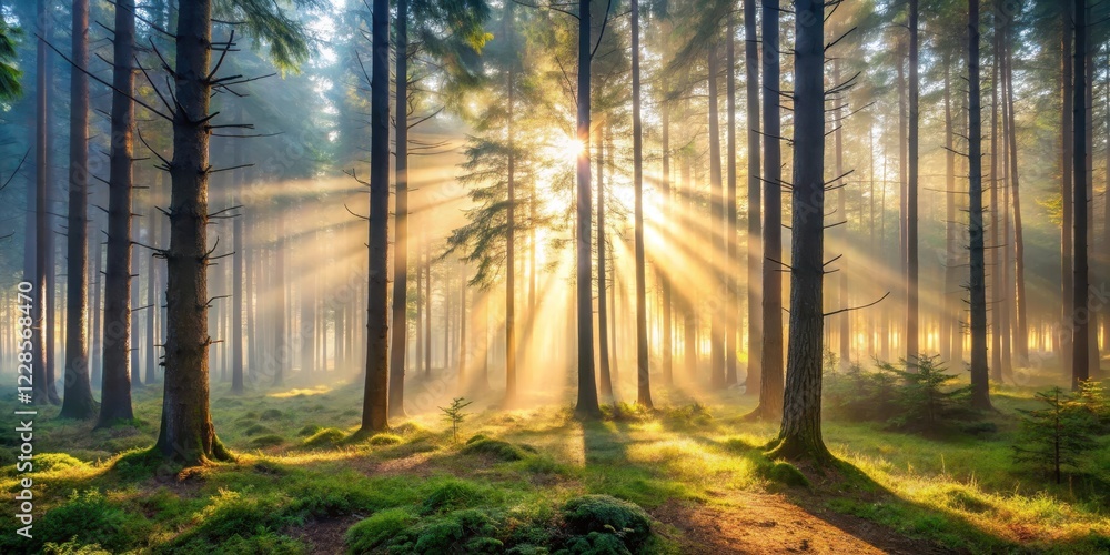 Fototapeta Forest at dawn with misty atmosphere, filtered light creates shadows and highlights on forest floor