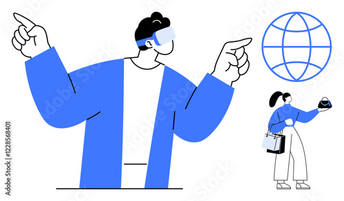 Two people using VR headsets interact with a digital globe, pointing and exploring virtual environments. Ideal for technology, innovation, virtual reality, social connectivity, digital experiences