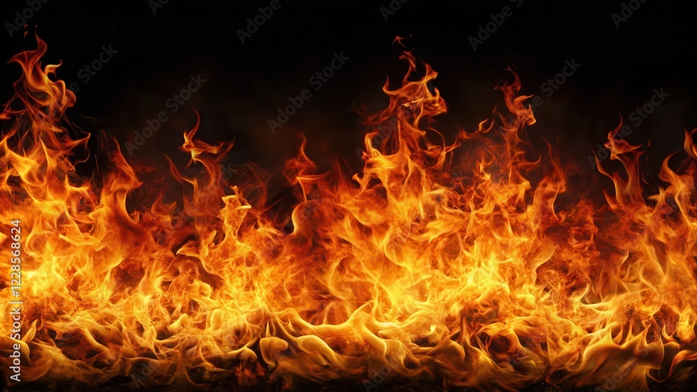 Burning flames engulfed in a fiery inferno on a dark black background, darkness, burning Burning flames engulfed in a fiery inferno on a dark black background, darkness, burning