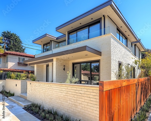 Vibrant daylight capture of a modern home with redwood fencing and ivory bricks, HDR quality.