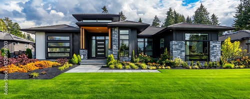 Modern home in the Pacific Northwest, stunning slate accents and vibrant lawn, high-res.