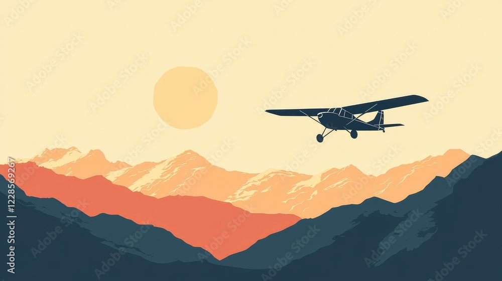 Fototapeta premium Vintage Airplane Flies Over Mountain Landscape at Sunset