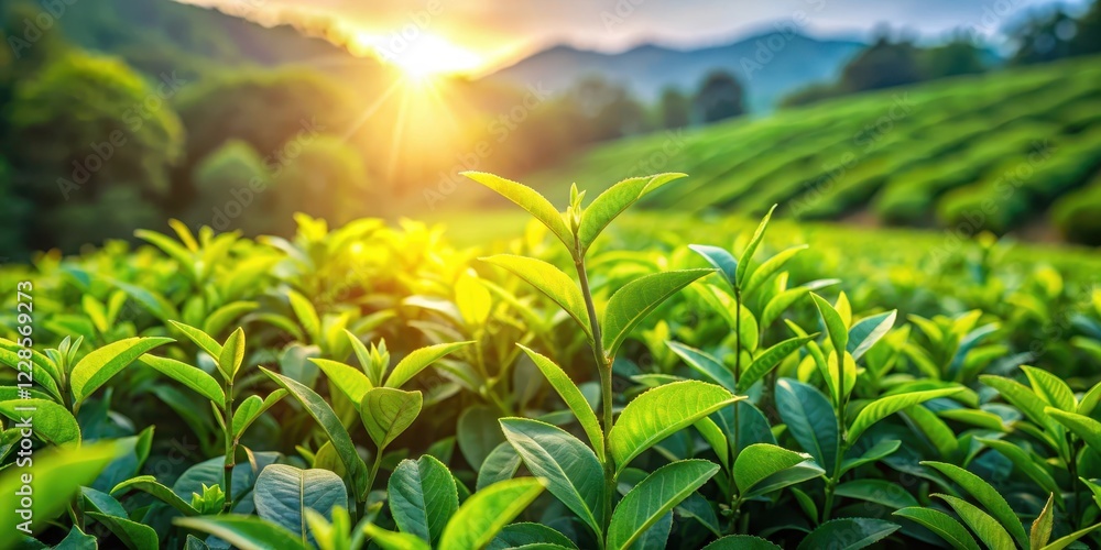 Close up view of a lush tea garden with rows of green tea plants amidst vibrant foliage and sunlight filtering through the leaves , plant life, close-up Close up view of a lush tea garden with rows of green tea plants amidst vibrant foliage and sunlight filtering through the leaves , plant life, close-up