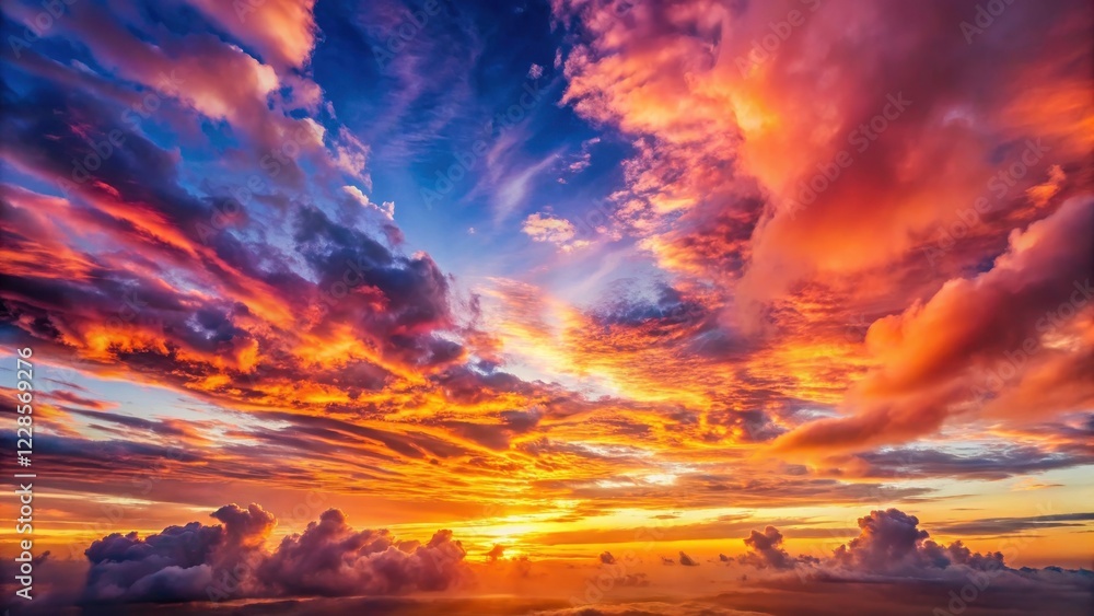 Fototapeta premium Vibrant colors dance across a vast sky as a panoramic sunrise unfolds with fluffy white clouds in shades of pink and orange hues , panoramic sunrise, colorful clouds