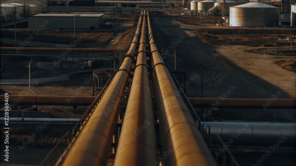 Industrial Pipelines at a Refinery During Golden Hour - Aerial View of Gas and Oil Infrastructure with Long Pipes Stretching into the Distance Under a Warm Sunset Sky Industrial Pipelines at a Refinery During Golden Hour - Aerial View of Gas and Oil Infrastructure with Long Pipes Stretching into the Distance Under a Warm Sunset Sky