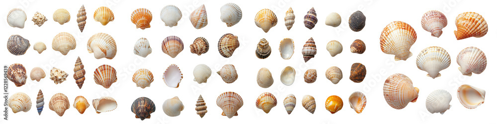 Assorted Seashells on Light Background Tranquil Coastal Nature Decor for Spa Resort or Interior Design Collection of Various Shapes Colors and Textures of Mollusk Shells Assorted Seashells on Light Background Tranquil Coastal Nature Decor for Spa Resort or Interior Design Collection of Various Shapes Colors and Textures of Mollusk Shells