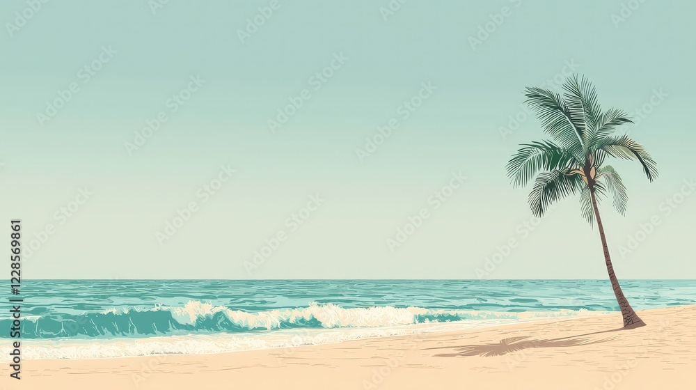Obraz premium Serene Beach Scene with Palm Tree and Gentle Ocean Waves