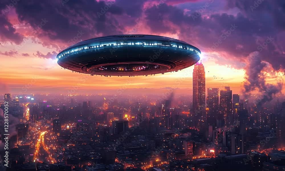 Spaceship hovering city sunset; dramatic sky, sci-fi Spaceship hovering city sunset; dramatic sky, sci-fi