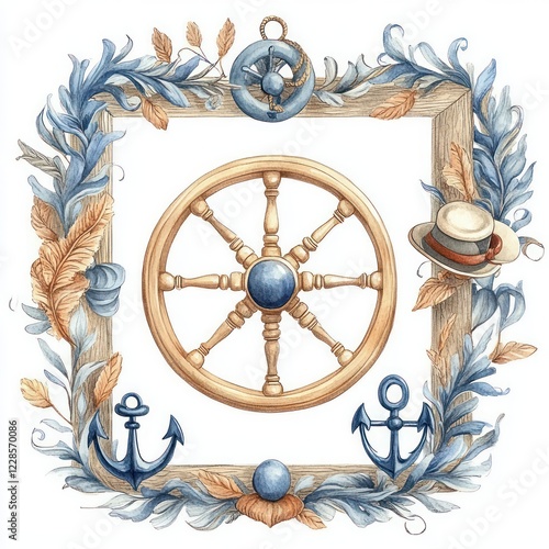 Nautical Watercolor Illustration with Ship Wheel Anchor Lifebuoy and Sailor Hat Vintage Decor photo