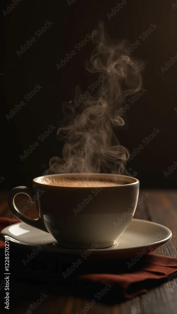Fototapeta premium Close-Up of a Steaming Coffee Cup in a Cozy Minimalist Setting – Aesthetic Warm Tones, Wooden Table, and Coffee Beans in Extreme Detail, Capturing Rich Aromas and Indulgence in Stunning