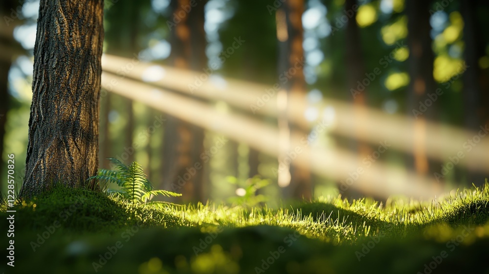 Fototapeta premium Serene Forest Scene Sunbeams through Trees illuminating Moss and Fern