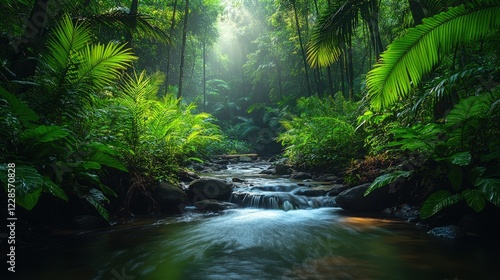 Lush Tropical Forest with Sunlight Streaming through Leaves by a Calm Flowing Stream