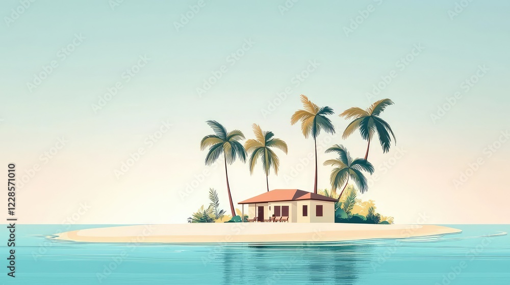 Fototapeta premium Tropical Island Scene with House and Palm Trees in Calm Water