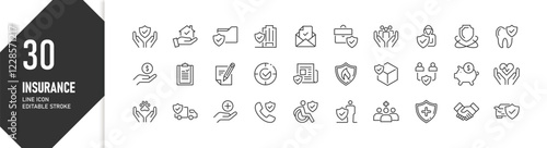 30 Editable Line Icons for Insurance: Finance, Medical, Property, and Investment protection, for Website Project, and Presentations