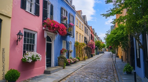 A charming street lined with colorful houses adorned with flowers and greenery.