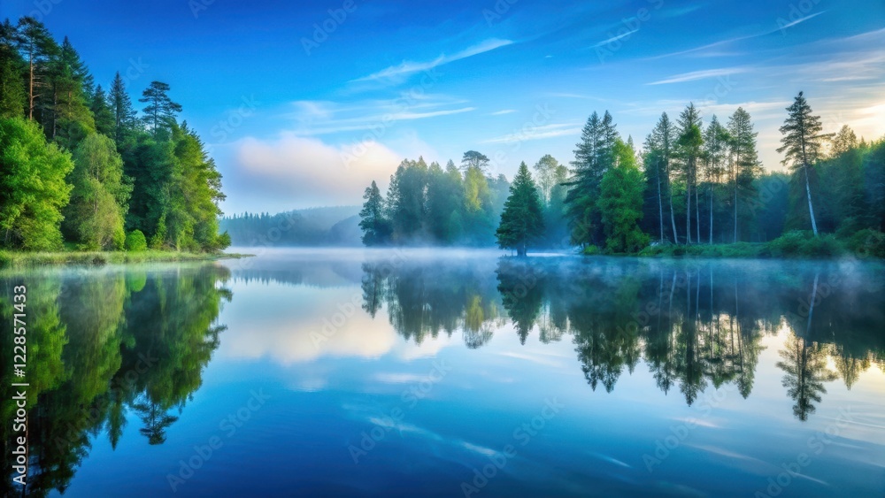Obraz premium A glassy calm lake on a misty morning with soft blue light reflecting off its surface, surrounded by tall trees and lush greenery in the foreground , forest, nature