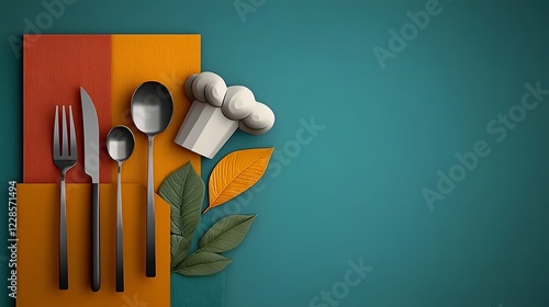 Fototapeta Naklejka Na Ścianę i Meble -  Minimalist catering icon set featuring clean and modern graphics of a fork spoon knife and chef hat ideal for restaurant and cafe visuals on a simple neutral background with sharp clarity