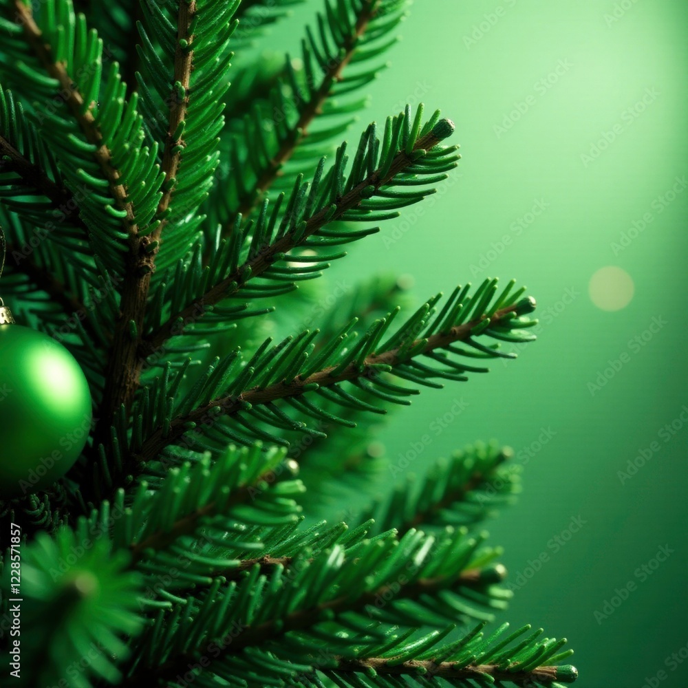 Sparkling green glitter on a Christmas tree trunk and branches, festive, decoration Sparkling green glitter on a Christmas tree trunk and branches, festive, decoration