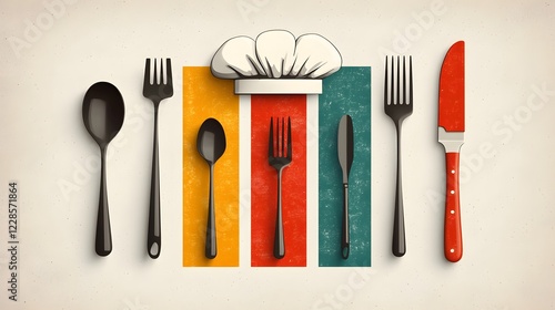 Fototapeta Naklejka Na Ścianę i Meble -  Minimalist flat design icon set featuring essential chef headwear and dining tools such as forks spoons knives plates ideal for restaurant menu design catering service branding
