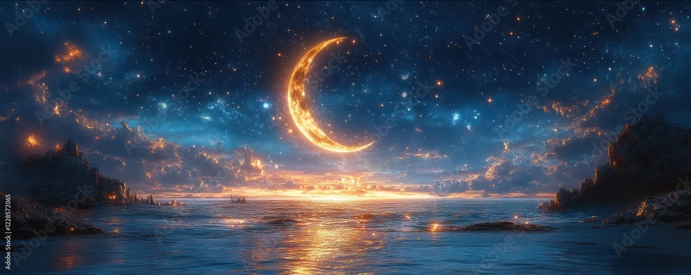 Fototapeta premium Crescent Moon over a Serene Seascape