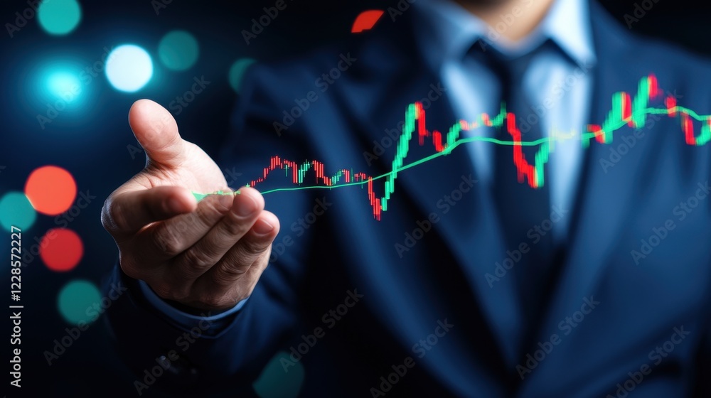Fototapeta premium Businessman presenting upward stock market trend graph Financial growth success concept
