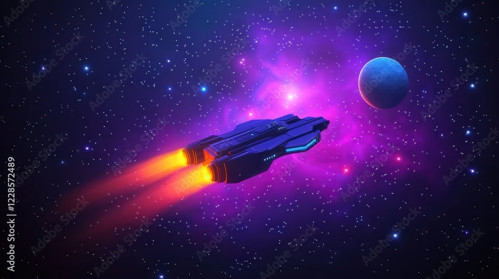 Obraz premium Futuristic Spaceship Soaring Through Vibrant Nebula and Stars