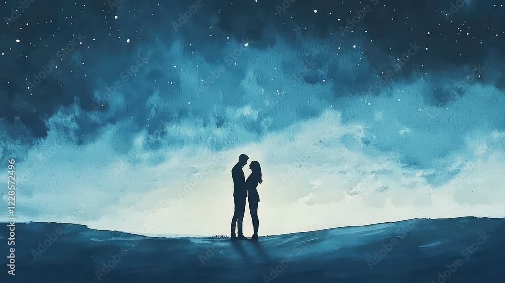 Romantic Silhouette of Couple Under Starry Night Sky in Blue Tones Romantic Silhouette of Couple Under Starry Night Sky in Blue Tones