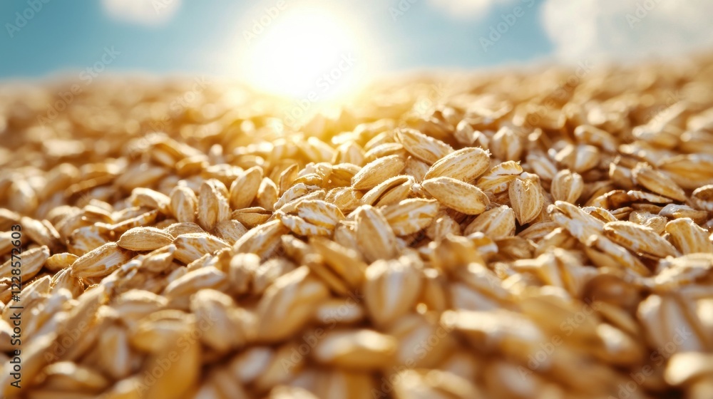 Obraz premium Golden Oat Grains Close Up Shot in Sunlight Harvest Season Agriculture