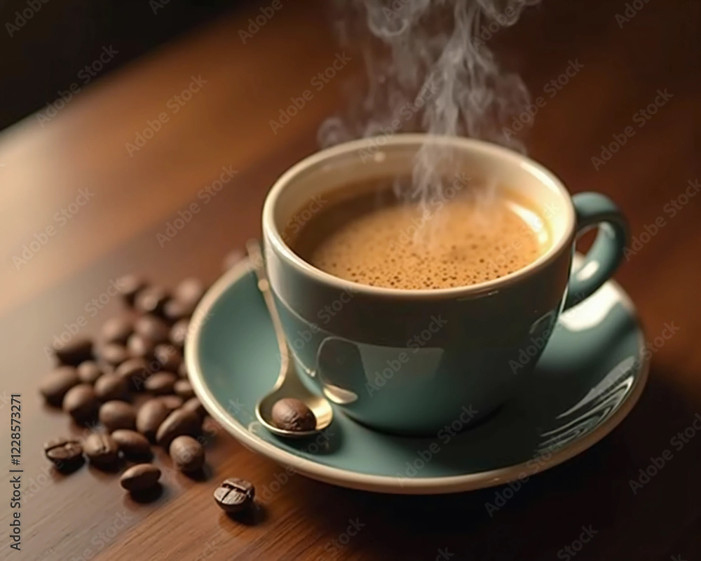 Fototapeta premium Close-Up of a Steaming Coffee Cup in a Cozy Minimalist Setting – Aesthetic Warm Tones, Wooden Table, and Coffee Beans in Extreme Detail, Capturing Rich Aromas and Indulgence in Stunning