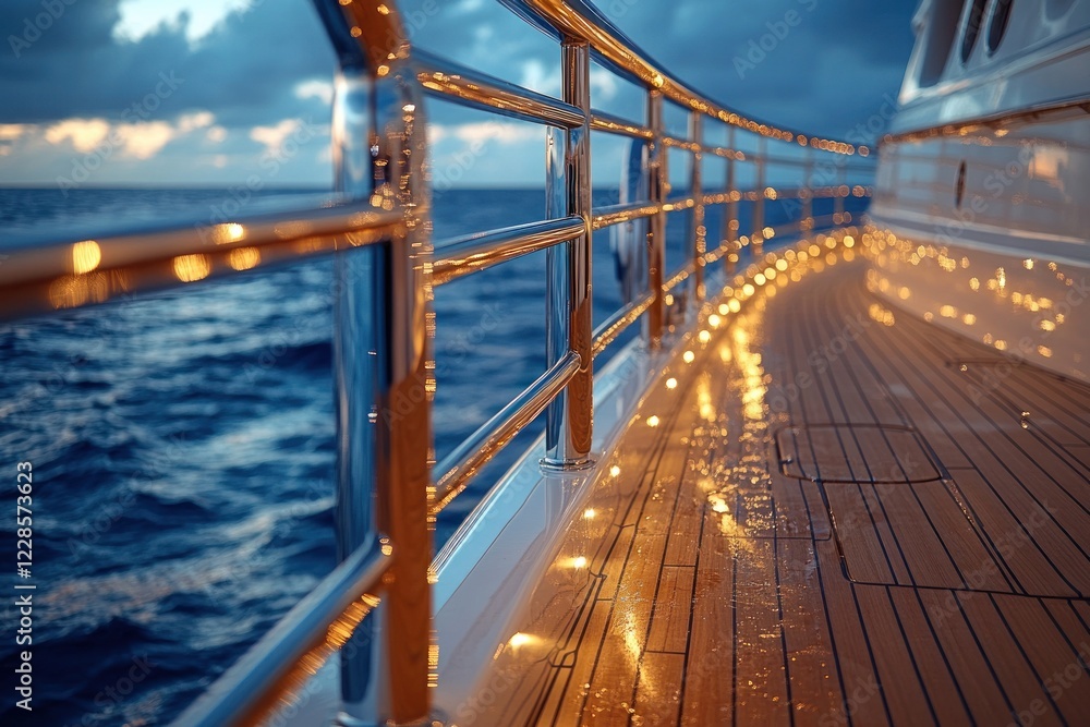 Obraz premium Close-up View of a Sailboat Bow with Polished Stainless Steel Railing and Wooden Deck on Shimmering Blue Water
