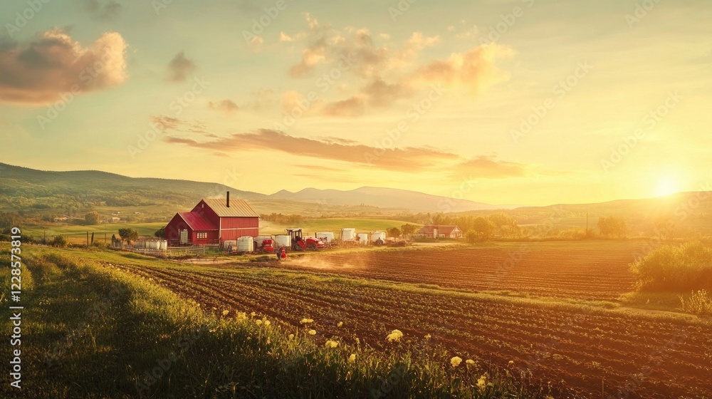 A vibrant farm scene showcasing dairy production with workers in action A vibrant farm scene showcasing dairy production with workers in action
