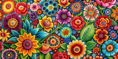 Vibrant floral motifs with bold colors and intricate details creating a lively and energetic atmosphere , Hispanic Heritage Month, Latin Inspired
