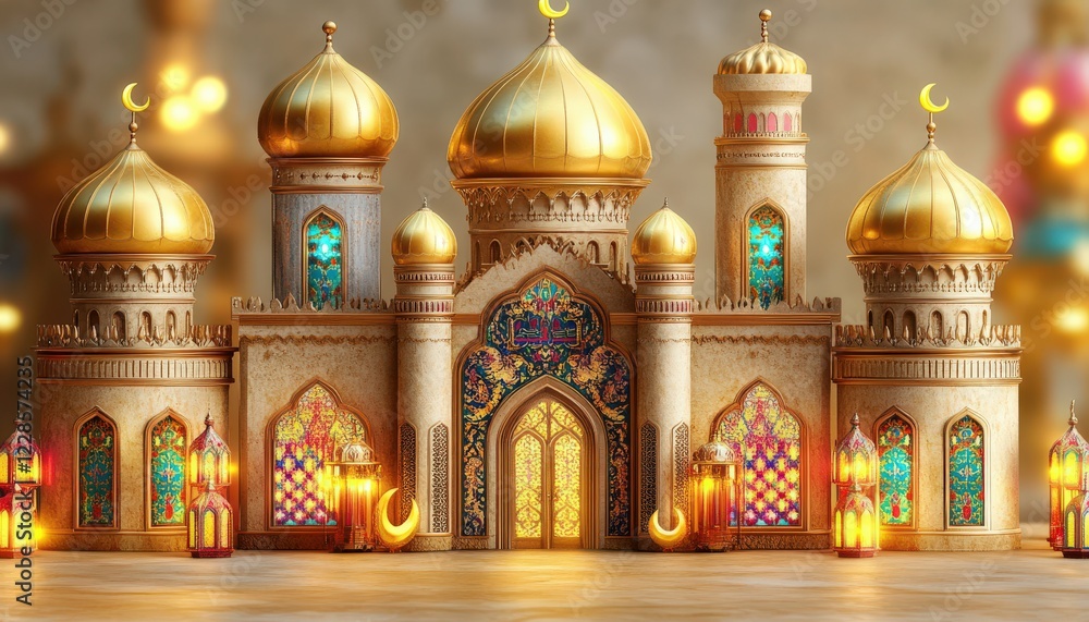 Obraz premium Majestic Islamic Mosque Architecture Golden Domes Ramadan Eid Celebration