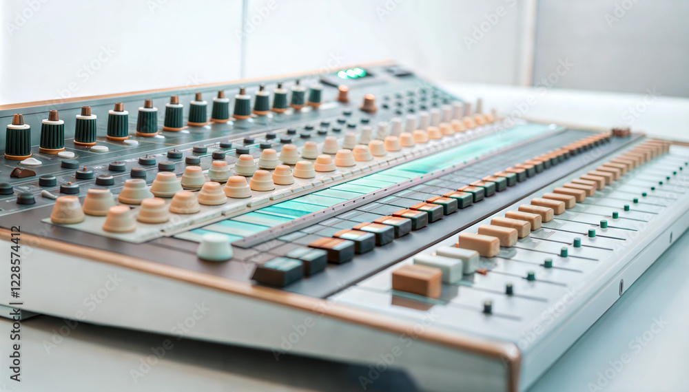 Audio mixing console with colorful knobs and sliders Audio mixing console with colorful knobs and sliders