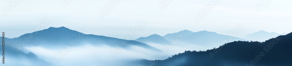 Misty mountain range panorama, serene landscape, calming background, website header Misty mountain range panorama, serene landscape, calming background, website header
