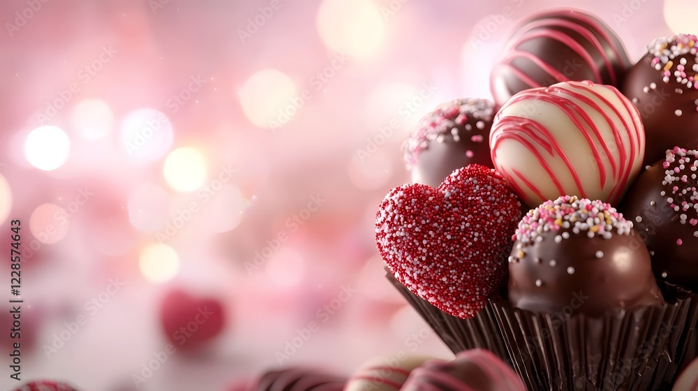 Luxurious heart shaped chocolates truffles and pralines with decorative swirls and sprinkles arranged on a soft romantic pastel pink background for a festive Valentine s Day or other special occasion Luxurious heart shaped chocolates truffles and pralines with decorative swirls and sprinkles arranged on a soft romantic pastel pink background for a festive Valentine s Day or other special occasion