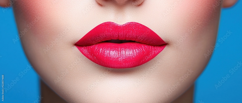 Fototapeta premium Makeup Trends Concepts. Vibrant red lips against a blue background.
