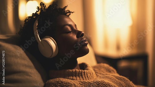 A person sitting on a couch, eyes closed, fully immersed in music with headphones on, a serene expression on their face. The background is softly blurred, emphasizing the tranquility of the moment. 