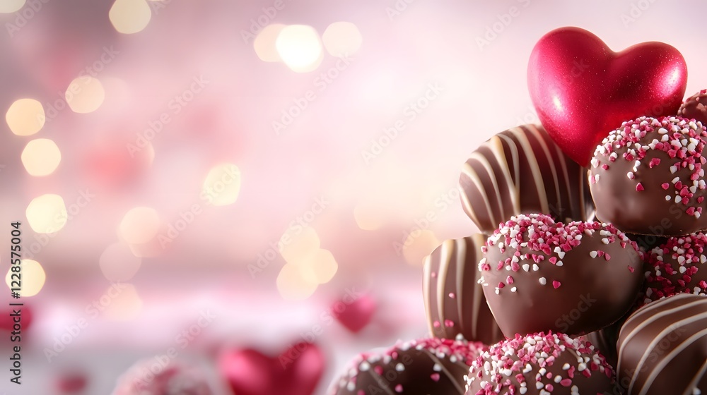 Elegant assortment of glossy heart shaped chocolates caramel filled pralines and truffle confections styled beautifully on a dreamy pastel lavender gradient background with soft highlights Elegant assortment of glossy heart shaped chocolates caramel filled pralines and truffle confections styled beautifully on a dreamy pastel lavender gradient background with soft highlights