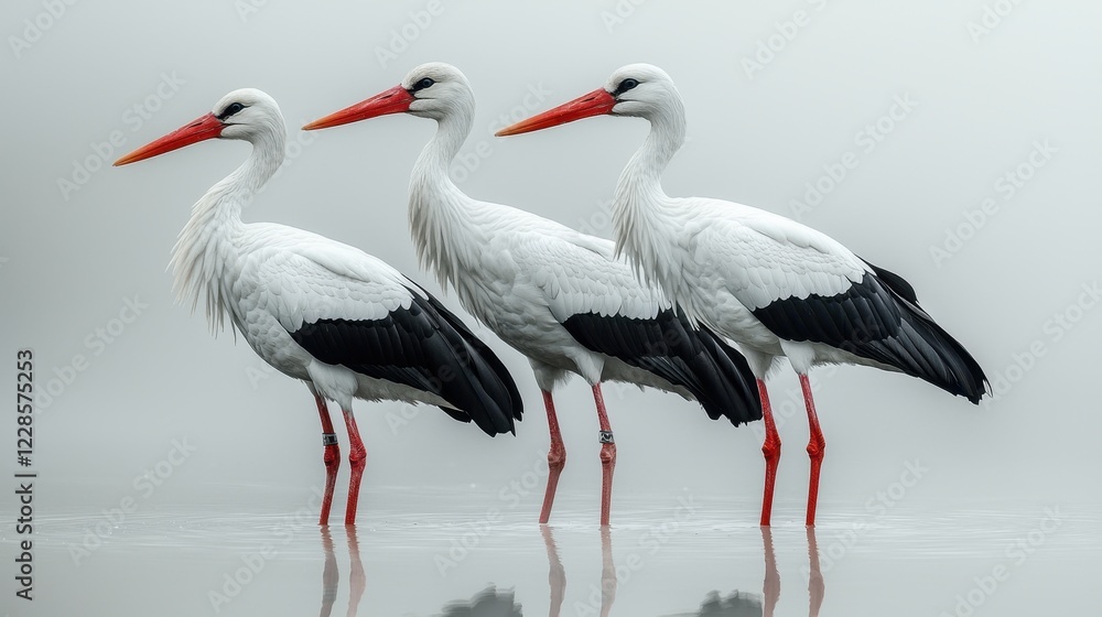 Fototapeta premium Three White Storks with Red Legs Standing in Shallow Water on a Misty Day