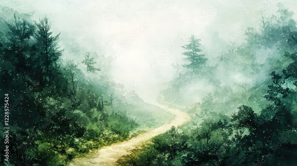 Obraz premium Misty Forest Pathway in Lush Green Landscape at Dawn Light