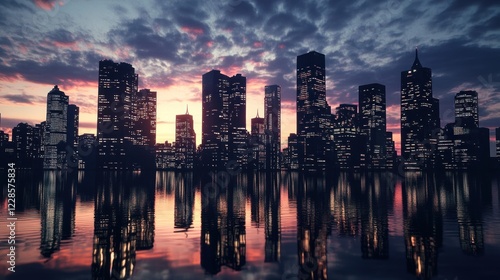 Wallpaper Mural A city skyline at sunset, reflecting on water, showcasing urban architecture and beauty. Torontodigital.ca