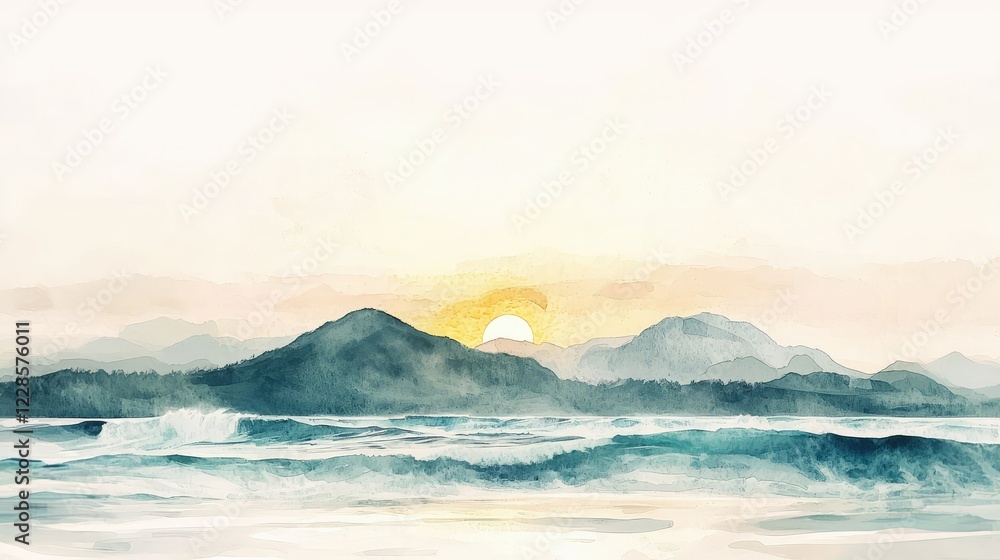 Serene Sunset Over Calm Ocean Waves with Silhouette Mountains Serene Sunset Over Calm Ocean Waves with Silhouette Mountains