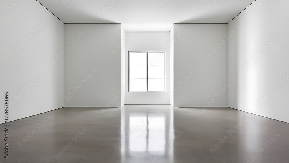 A large empty room with a white wall and a window. The room is very empty and has a very clean and simple look A large empty room with a white wall and a window. The room is very empty and has a very clean and simple look