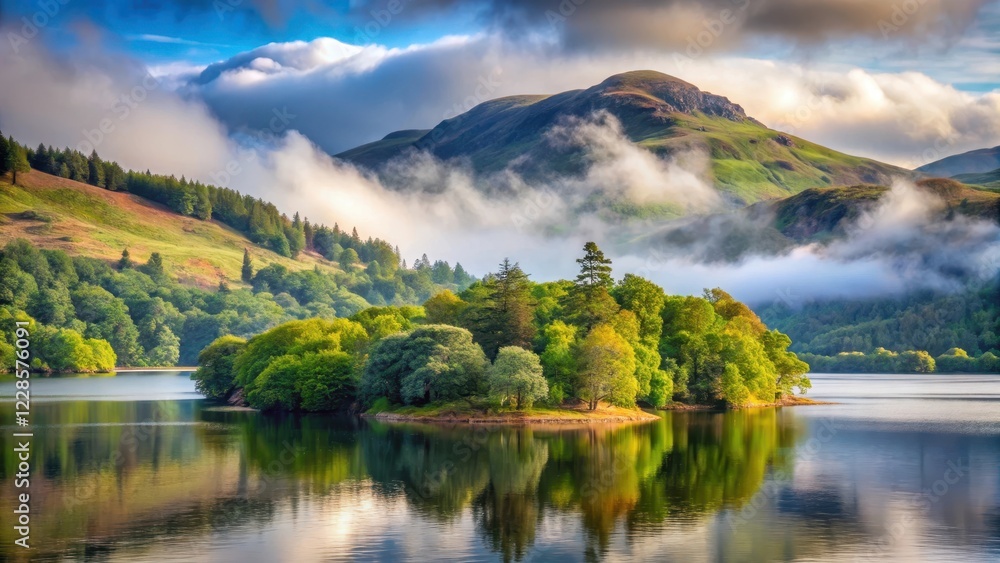 Fototapeta premium A serene and misty landscape of Loch Lomond surrounded by lush greenery and towering trees on the slopes of Ben Lomond
