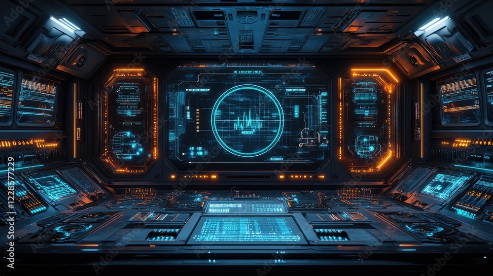 Futuristic control room interior with glowing interfaces and holographic displays in a sci-fi setting Futuristic control room interior with glowing interfaces and holographic displays in a sci-fi setting