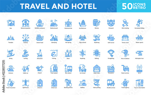 Travel and Hotel icon set with zoo, botanical garden, wildlife sanctuary, national park, historical site, architecture, winery, vineyard, wine tasting icon. Simple retro vector 
