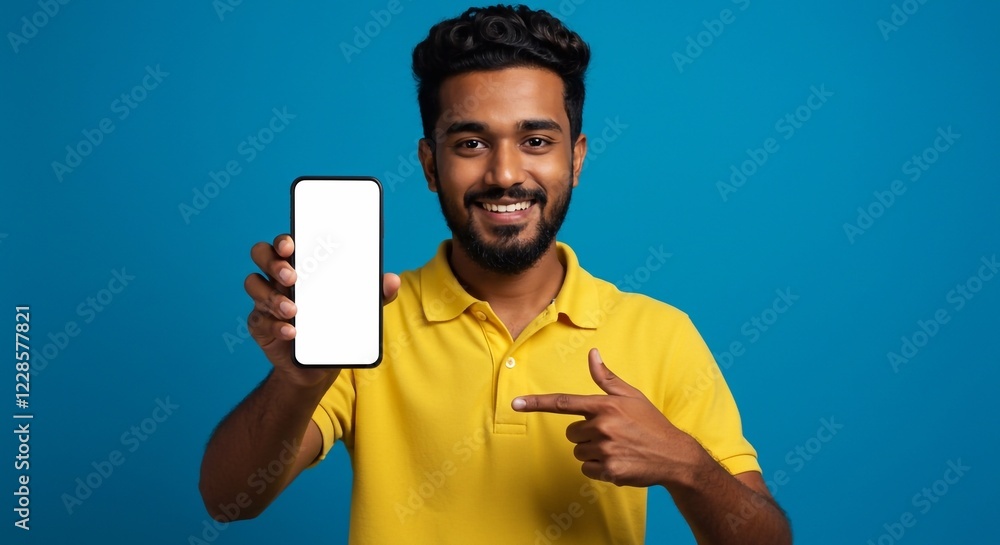 Indian asian Bearded Man Displaying Smartphone with Empty Screen, Blue Background
Indian asian Bearded Man Displaying Smartphone with Empty Screen, Blue Background