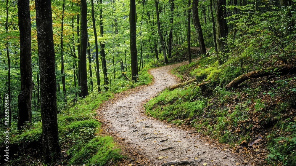 Serene Winding Path through Lush Green Forest in Daylight Serene Winding Path through Lush Green Forest in Daylight