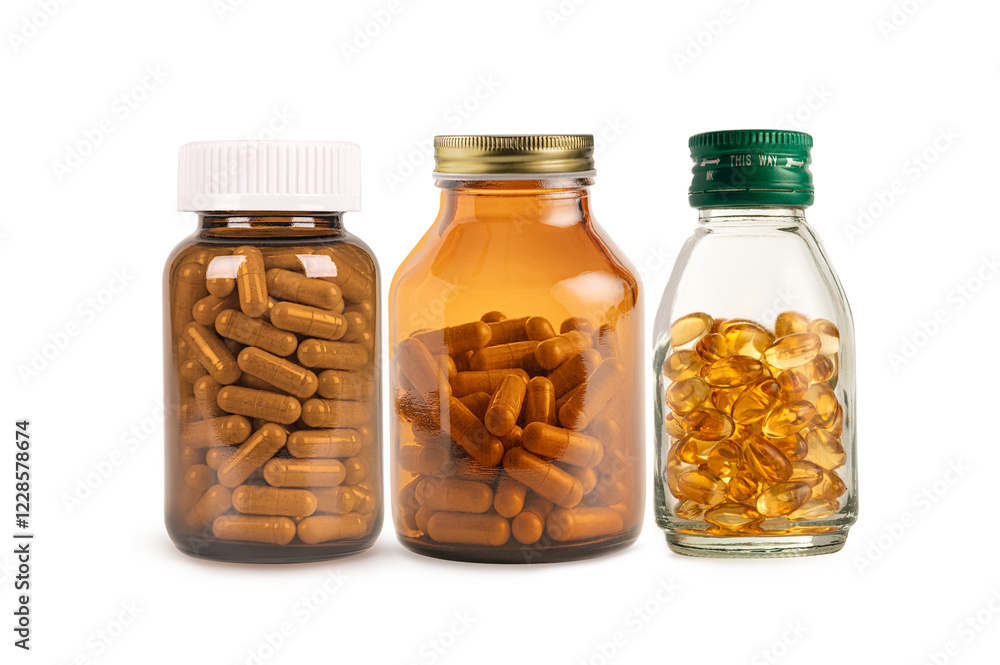 Supplement and vitamins in glass bottle isolated on white background. Supplement and vitamins in glass bottle isolated on white background.